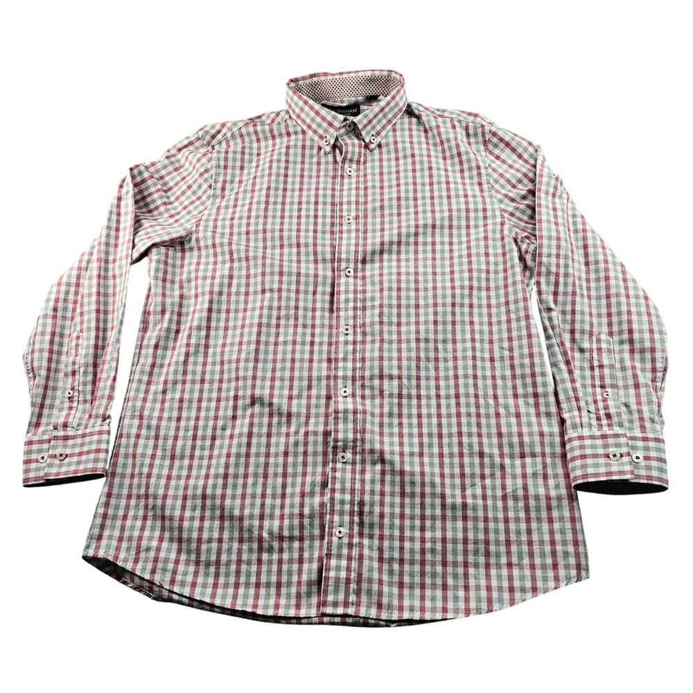 Nick Graham Dress Shirt Men's L Red Gray Gingham Modern Fit Collared Button Down